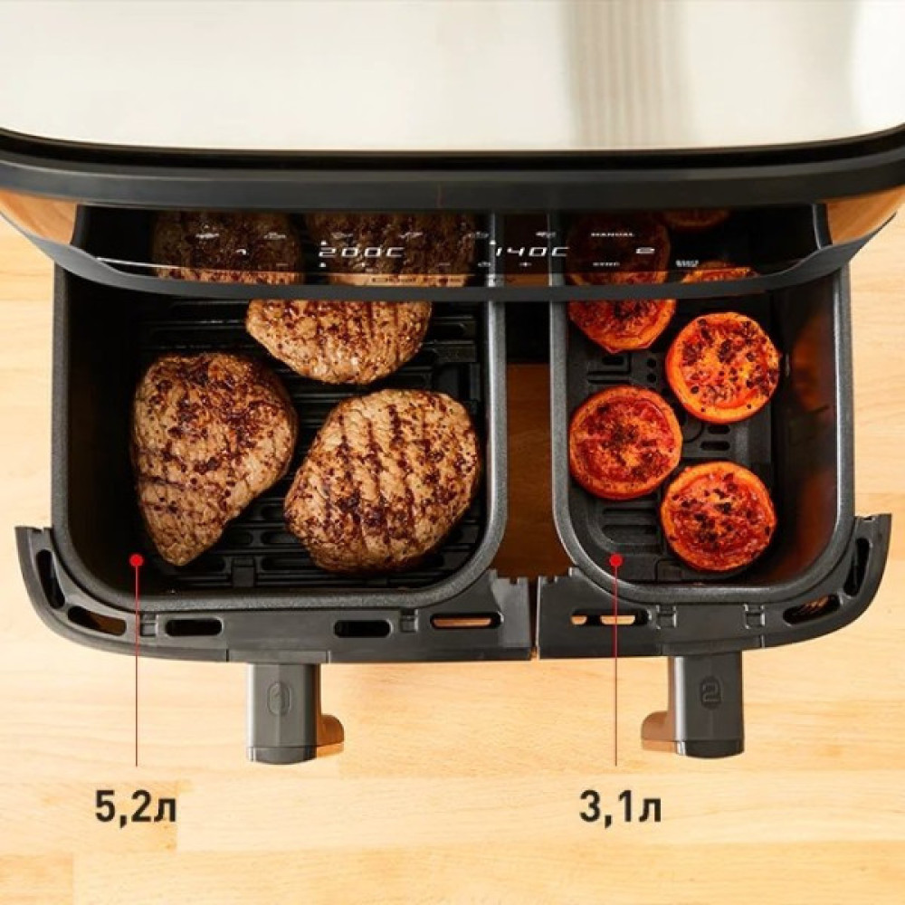 Мультипіч Tefal Dual EasyFry&Grill AirFryer, 2700Вт, чаша-5.2+3.1л, сенсорне керув., 2 чаши, гриль, пластик, чорний