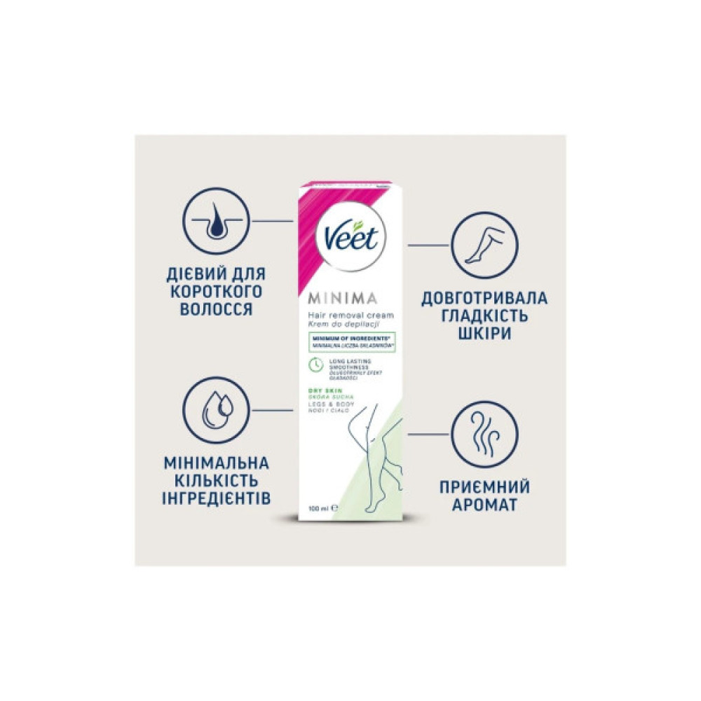 Крем для депіляції Veet Minima для сухої шкіри з Екстрактом огірка та Листям шавлії 100 мл (5000146980339) Крем для депіляції Veet Minima для сухої шкіри з Екстрактом огірка та Листям шавлії 100 мл (5000146980339)