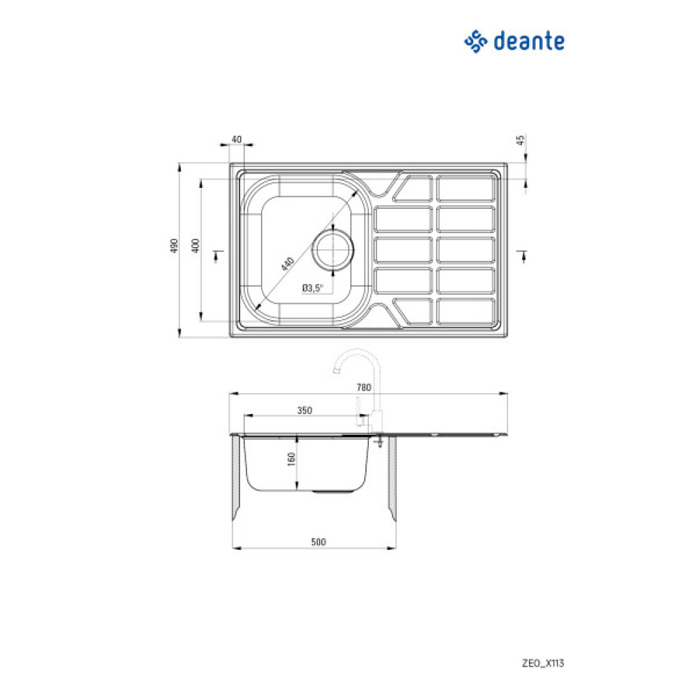 Мийка кухонна Deante Soul, нерж.сталь, прямокут., з крилом, 780х490х160мм, чаша - 1, накладна, нерж