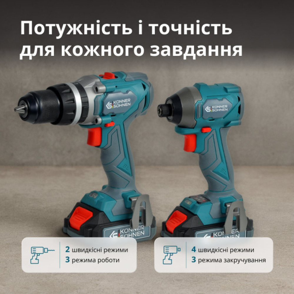 Набір із двох акумуляторних інструментів Konner&Sohnen KS IDISD 20V SET 2 20В дриль ударний, гвинтоверт, швидкий ЗП 2А акб 2х2А·год кейс 5кг