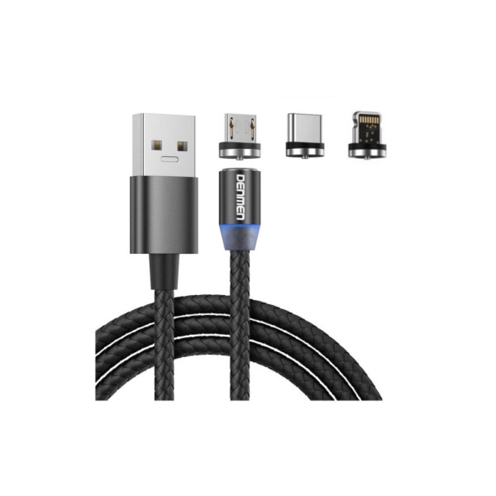 Дата кабель USB 2.0 AM to Lightning + Micro 5P + Type-C magnetic black Denmen (DN-D09E-BK)
