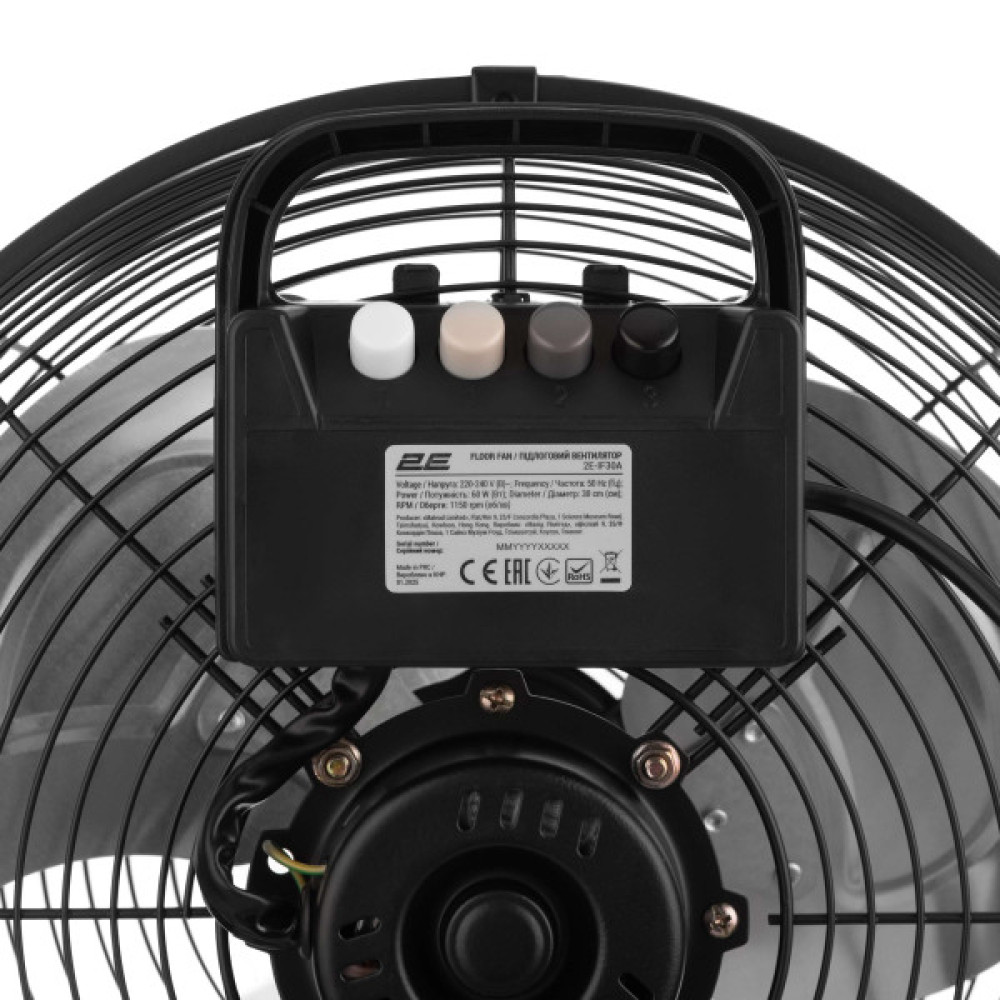 Вентилятор підлоговий 2E PowerWind 30A професійний, 30см, 60Вт, кнопки, двигун алюміній 100%, чорний
