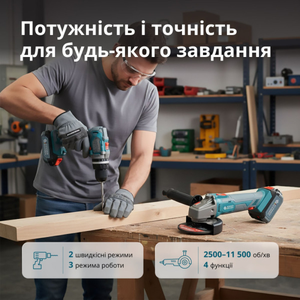 Набір із двох акумуляторних інструментів Konner&Sohnen KS IDAGB 20V SET 1 20В дриль ударний, шліфмашина кутова, швидкий ЗП 2.4А акб 1х2А·год+1х4А·год кейс 3кг