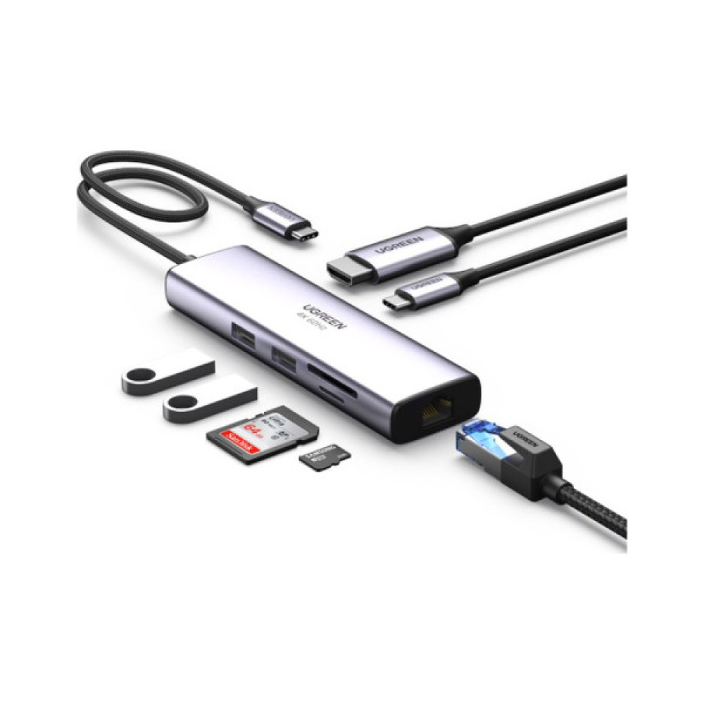 Концентратор Ugreen USB3.1 Type-C to HDMI/USB 3.0x2/RJ45/SD/TF/PD 100W CM512 (60515)