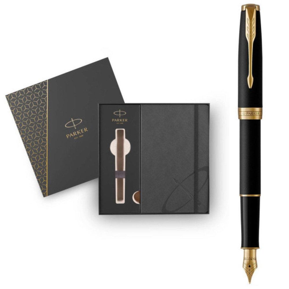 Ручка пір'яна Parker SONNET 17 Matte Black Lacquer GT  FP F + блокнот Parker + подар.упаковка GIFT24 (84 811b24)
