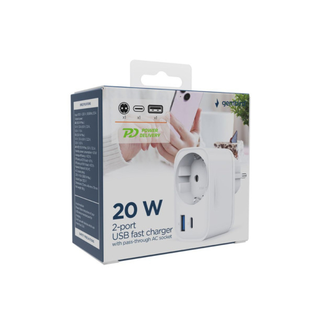 Зарядний пристрій Gembird 1xUSB-C PD20W + 1xUSB QC3.0 + Schuko white (TA-ACPDQC20-01-W)