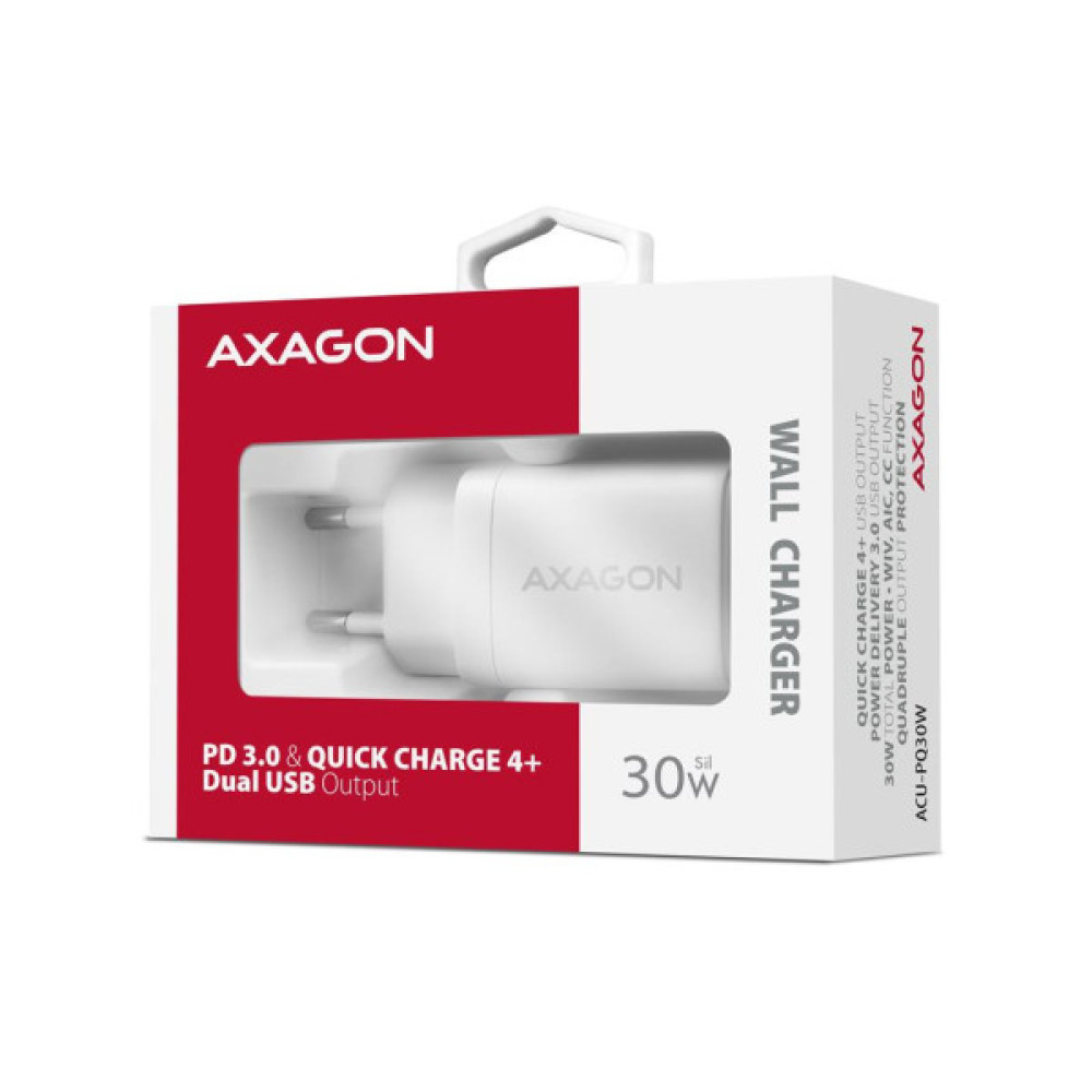 Зарядний пристрій AXAGON 1xUSB QC4.0 + 1xUSB-C PD30W PPS white (ACU-PQ30W)
