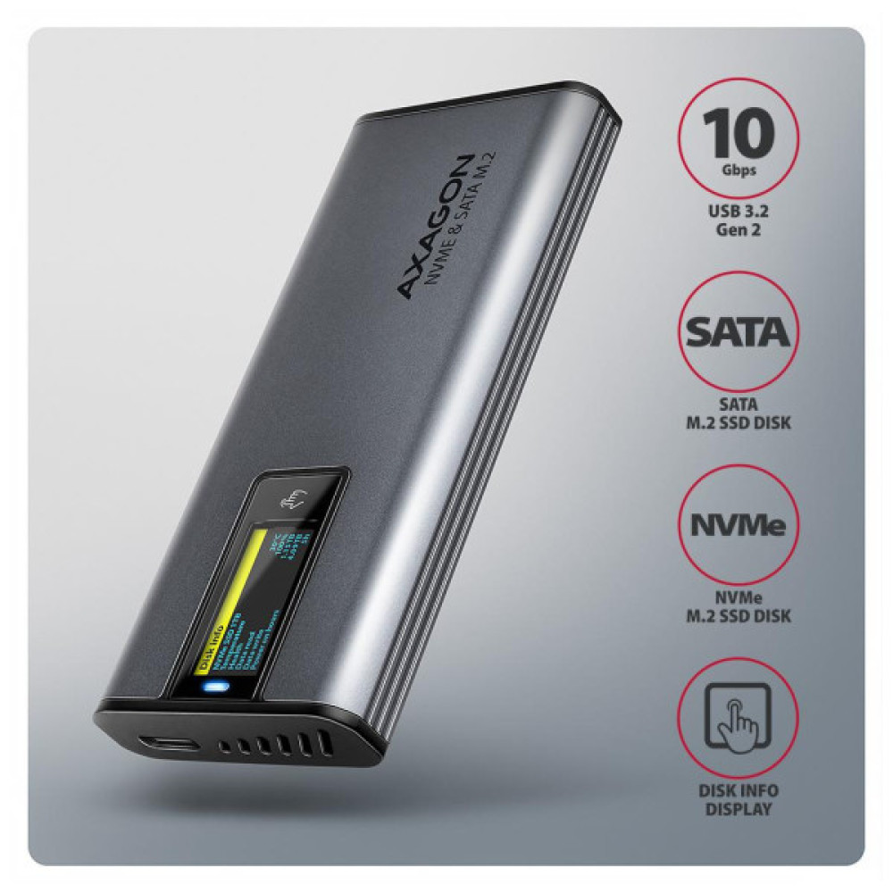 Кишеня зовнішня AXAGON USB-C 10Gbps metal box with info display for M.2 NVMe & SATA SSD (EEM2-SD2)