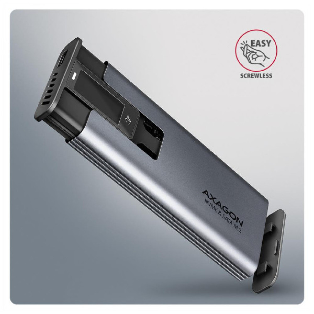 Кишеня зовнішня AXAGON USB-C 10Gbps metal box with info display for M.2 NVMe & SATA SSD (EEM2-SD2)
