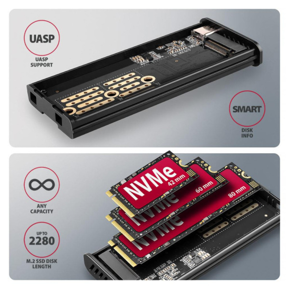 Кишеня зовнішня AXAGON USB-C 10Gbps metal box with info display for M.2 NVMe & SATA SSD (EEM2-SD2)