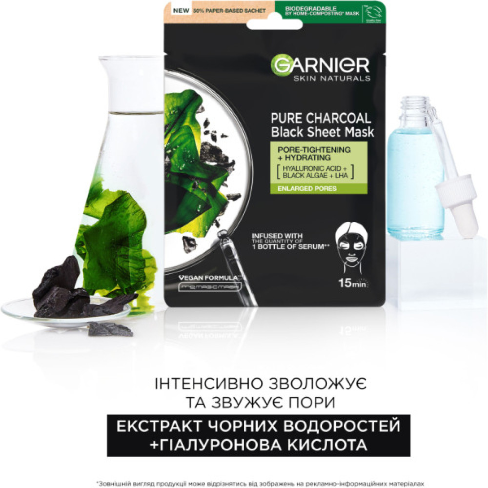 Маска для обличчя Garnier Skin Naturals Чорна Тканинна Вугілля + Чорні водорості 28 г (3600542097208/3600542097253)