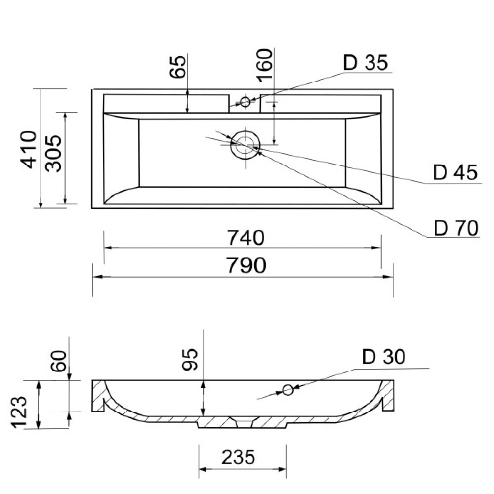 Раковина, умивальник Adamant STRENG NEW, штучний камінь, прямокут., з отвором для змішувача, з отвором для переливу, 790x410x123мм, накладний, білий