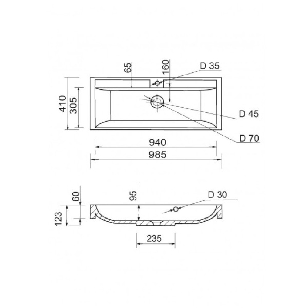Раковина, умивальник Adamant STRENG NEW, штучний камінь, прямокут., з отвором для змішувача, з отвором для переливу, 990x410x123мм, накладний, білий