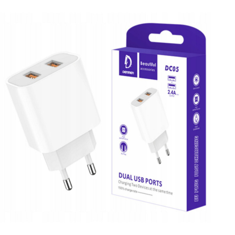 Зарядний пристрій Denmen 2xUSB 2.4A white (DM-DC05-WH)