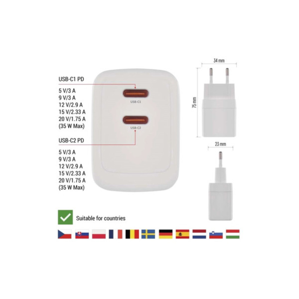 Зарядний пристрій EMOS V03G35 2xUSB-C 35W GaN (V03G35)