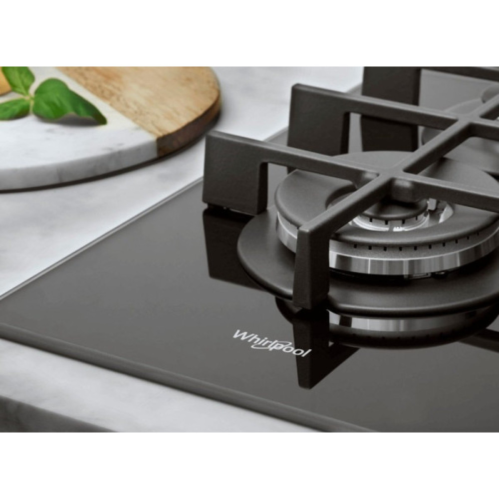 Варильна поверхня Whirlpool газова на склі, 60см, чавун, конфорка з подвійним рядом полум'я, чорний
