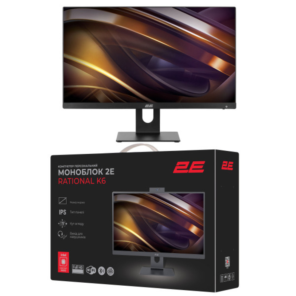 Комп'ютер персональний моноблок 2E Rational K6 23.8" FHD IPS Intel i3-12100, 16Gb, F256GB, UMA, H610, K6.610, 120W, FreeDos, чорний