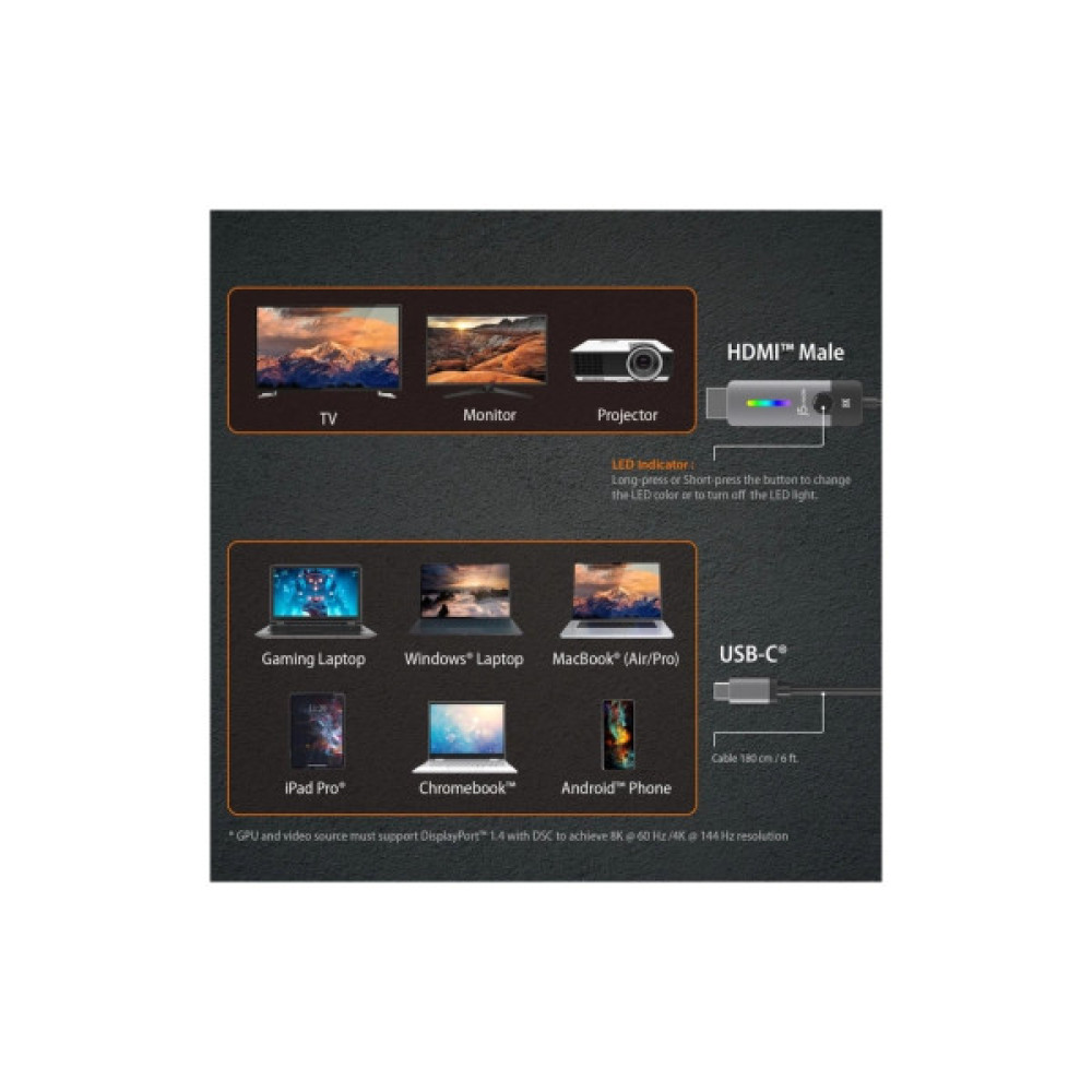 Кабель мультимедійний USB-C to HDMI M 1.8m 8K 60Hz LED RGB J5create (JCC157-N)