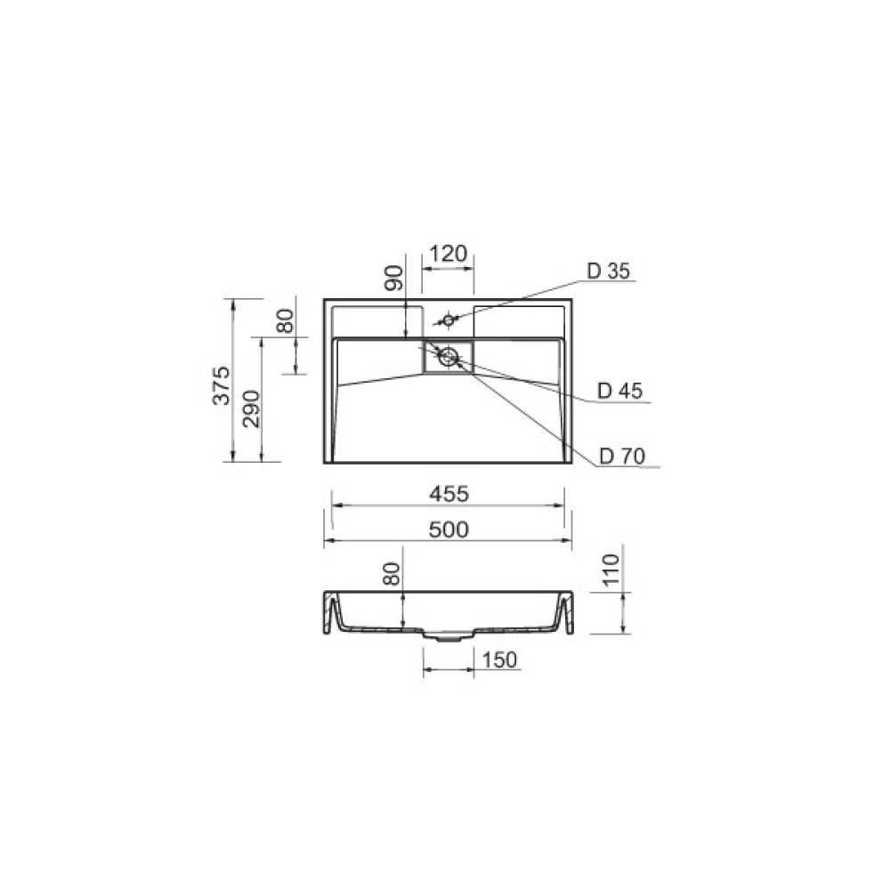 Раковина, умивальник Adamant VISION, штучний камінь, прямокут., з отвором для змішувача, без переливу, 500х380х110мм, накладний, білий
