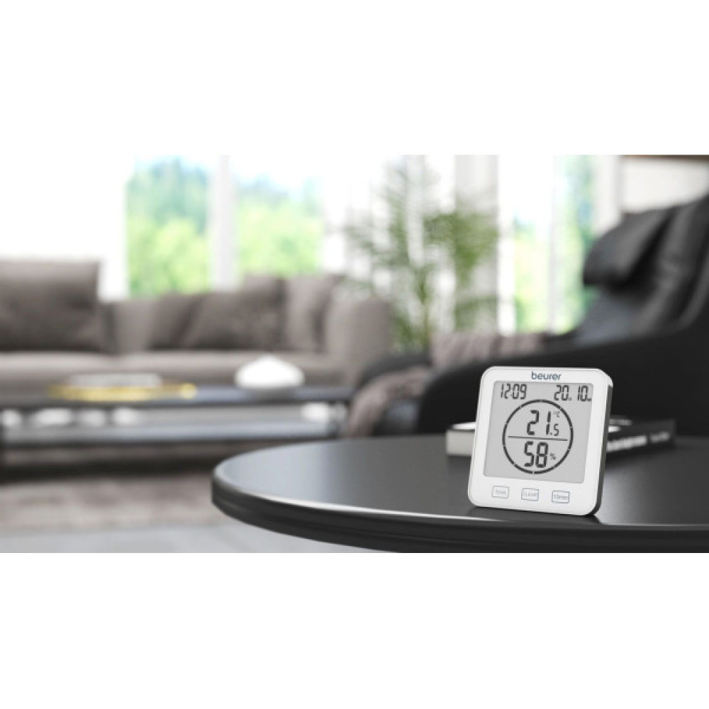 Термогігрометр Beurer, внутр. вимірювання, темп-ра, вологість, час, AAAx2, в комплекті, білий