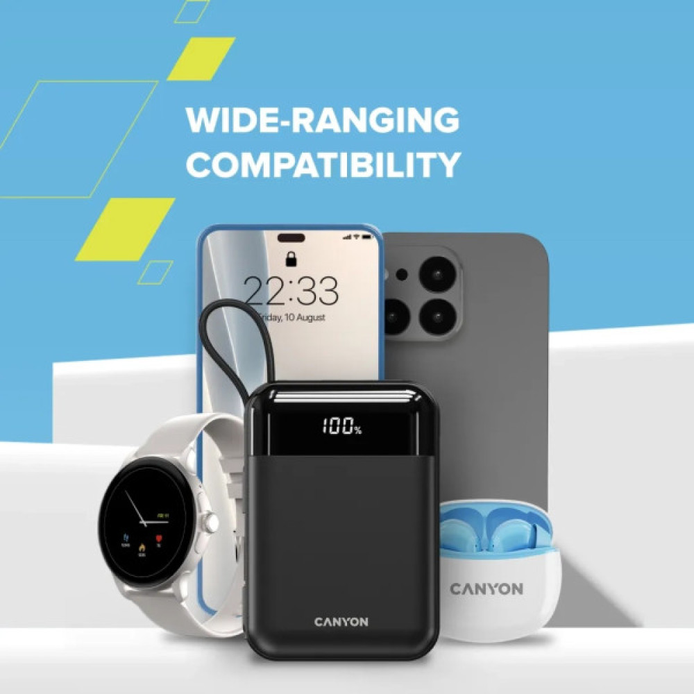 Батарея універсальна Canyon 10000mAh OnPower 104 PD/20W, QC/22.5W built-in cable Black (CNS-CPB104B)
