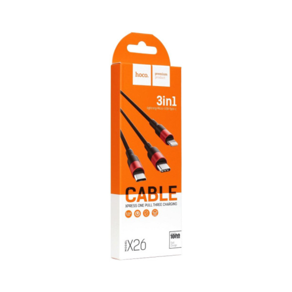 Дата кабель USB 2.0 AM to Lightning + Micro 5P + USB-C 1.0m Xpress one X26 black+red HOCO (6957531080282)