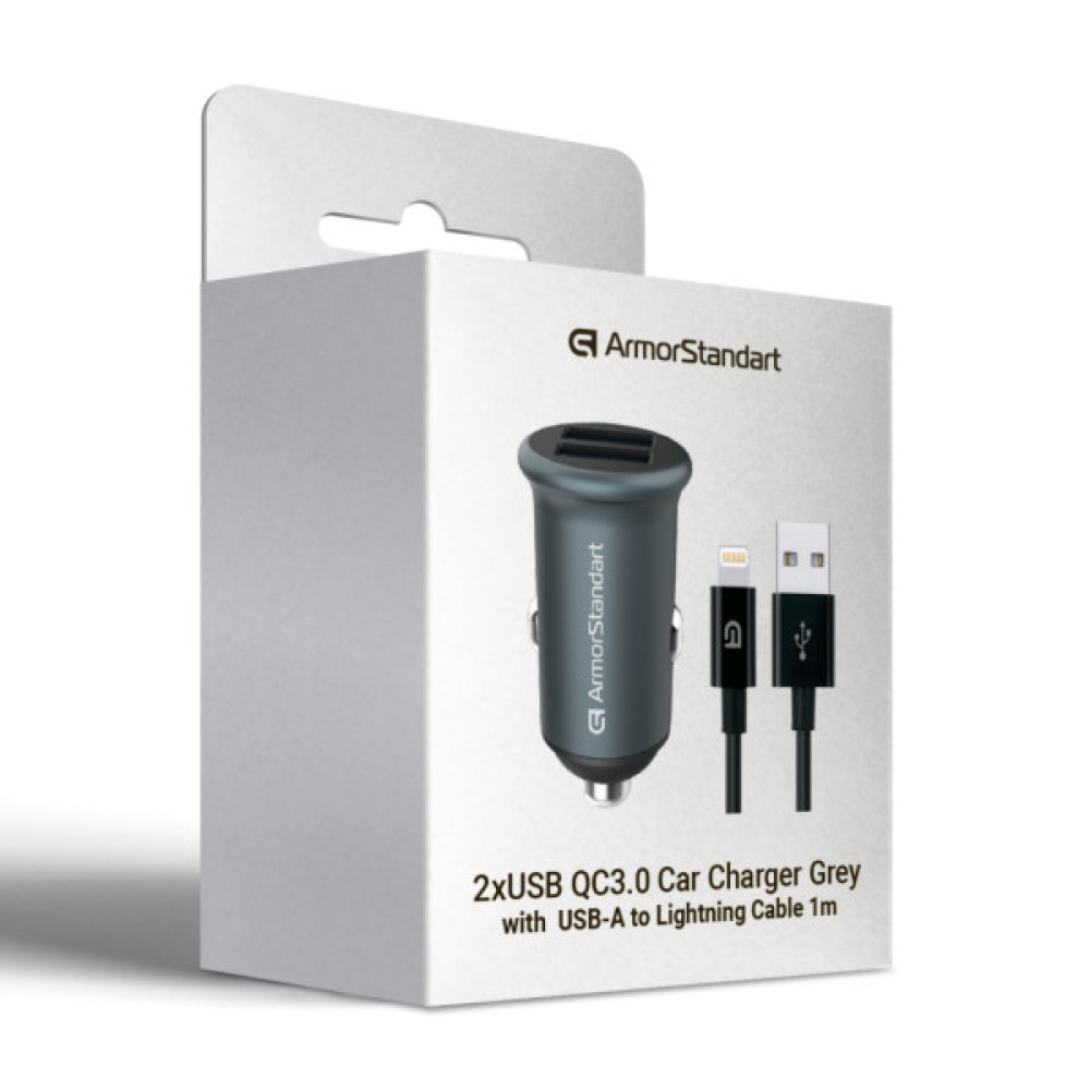 Зарядний пристрій Armorstandart 2xUSB QC3.0 Grey + cable Lightning (ARM82458)