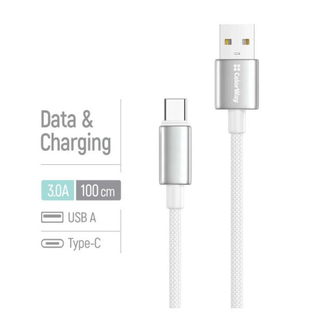 Дата кабель USB 2.0 AM to USB-C 1.0m 3A zinc alloy braided white ColorWay (CW-CBUC098-WT)
