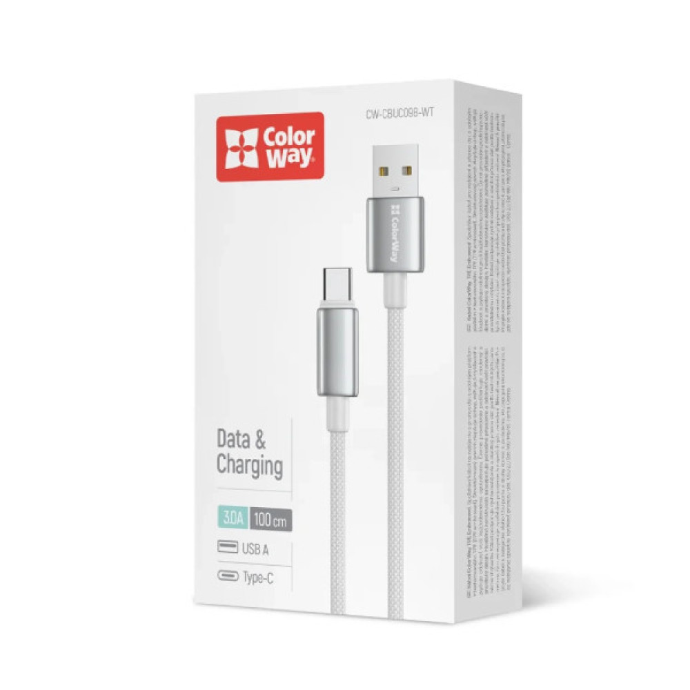 Дата кабель USB 2.0 AM to USB-C 1.0m 3A zinc alloy braided white ColorWay (CW-CBUC098-WT)