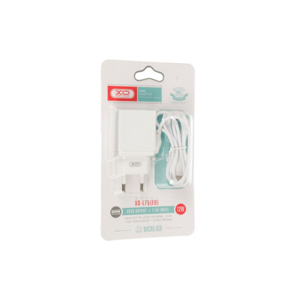 Зарядний пристрій XO L75 2USB/2.4A + MicroUSB White (XO-L75-M)