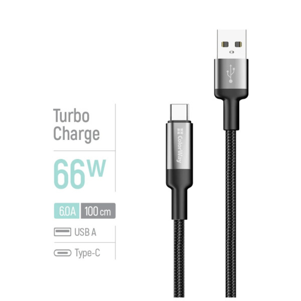 Дата кабель USB 2.0 AM to USB-C 1.0m 6A braided wire black ColorWay (CW-CBUC096-BK)