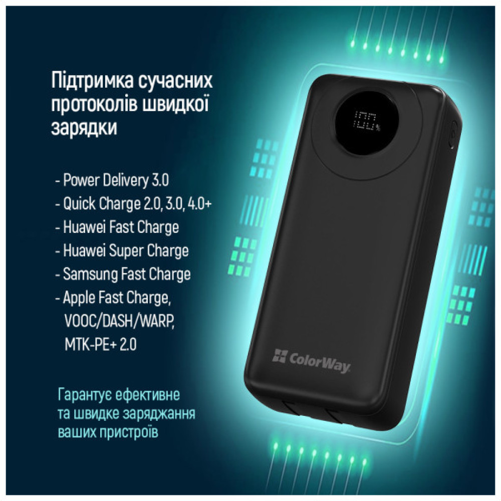 Батарея універсальна ColorWay 20 000 mAh EnergyPlus PD/18W, QC3.0/22.5W, Black (CW-PB200LPB4BK-PDD)