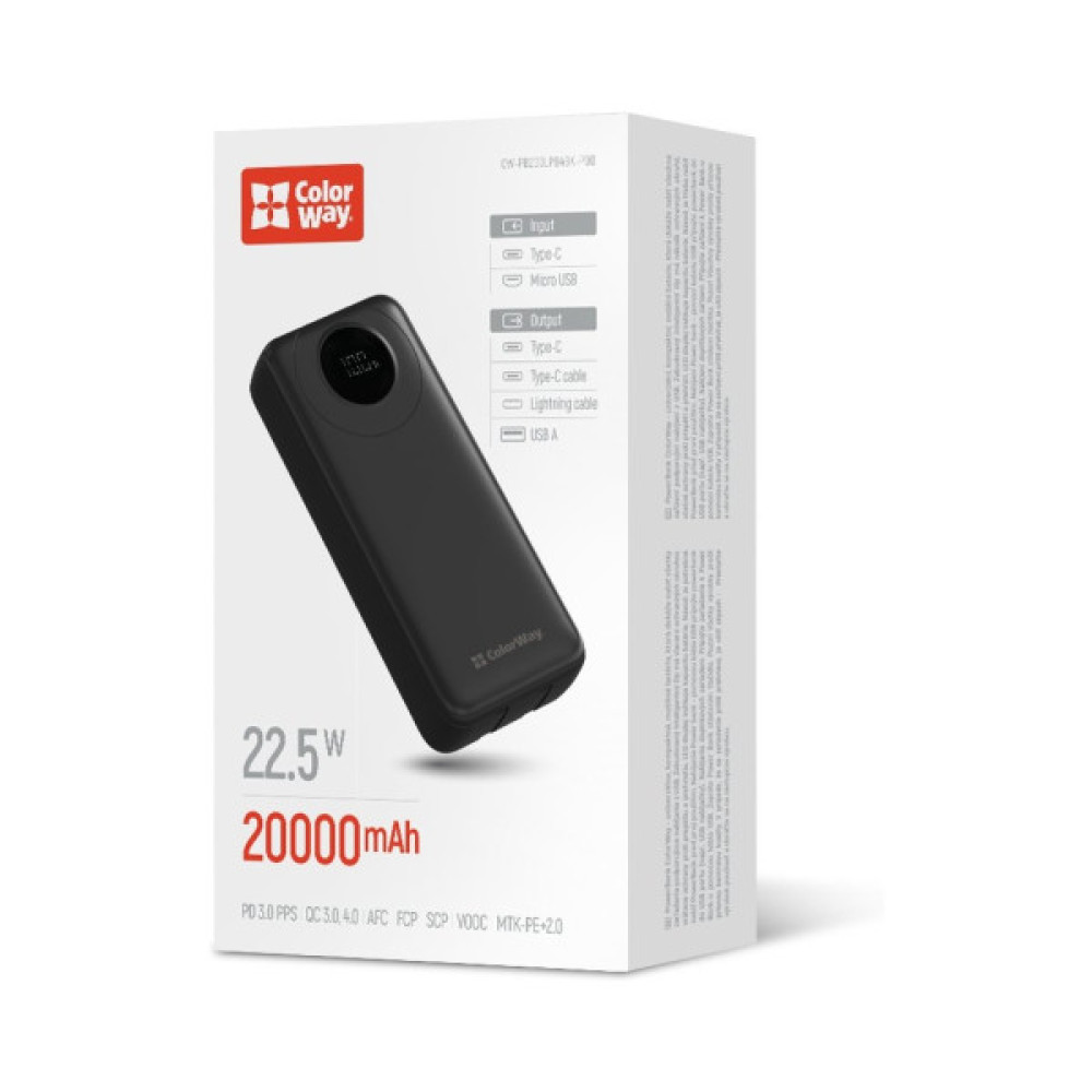 Батарея універсальна ColorWay 20 000 mAh EnergyPlus PD/18W, QC3.0/22.5W, Black (CW-PB200LPB4BK-PDD)