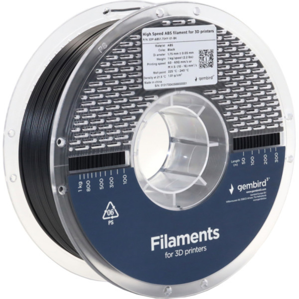 Пластик для 3D-принтера Gembird ABS High Speed, 1.75 мм, 1kg, black (3DP-ABS1.75HY-01-BK)