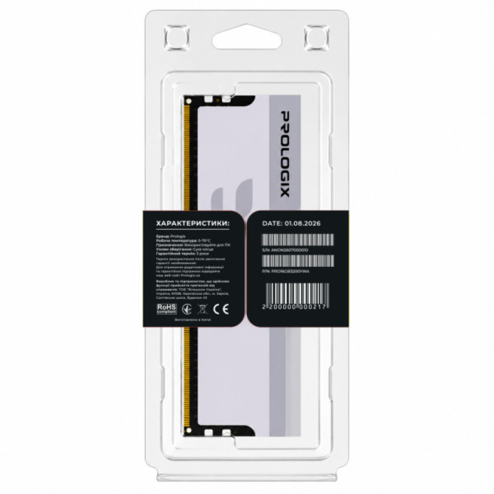 Модуль пам'яті для комп'ютера DDR4 16GB 3200 MHz Onyx White Prologix (PRO16GB3200YW4)