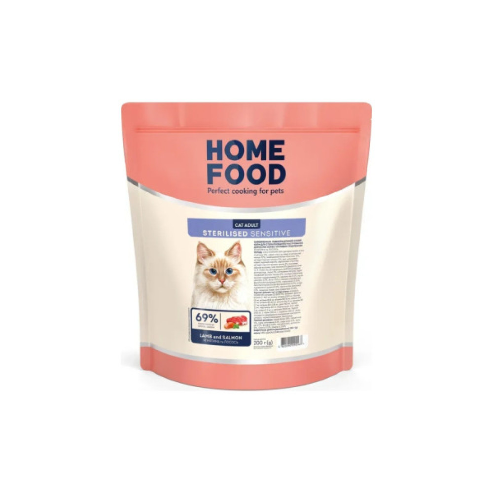 Сухий корм для кішок Home Food With sensitive digestion з ягням та лососем 1.6 кг (4820235020224)