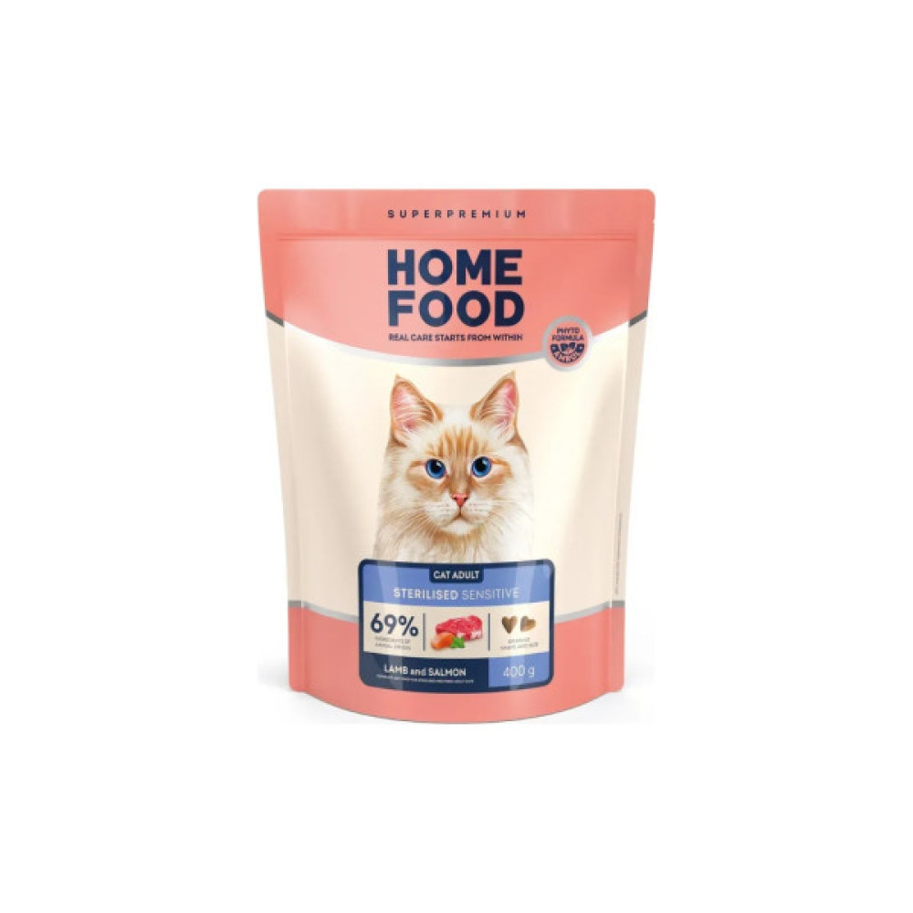 Сухий корм для кішок Home Food With sensitive digestion з ягням та лососем 1.6 кг (4820235020224)