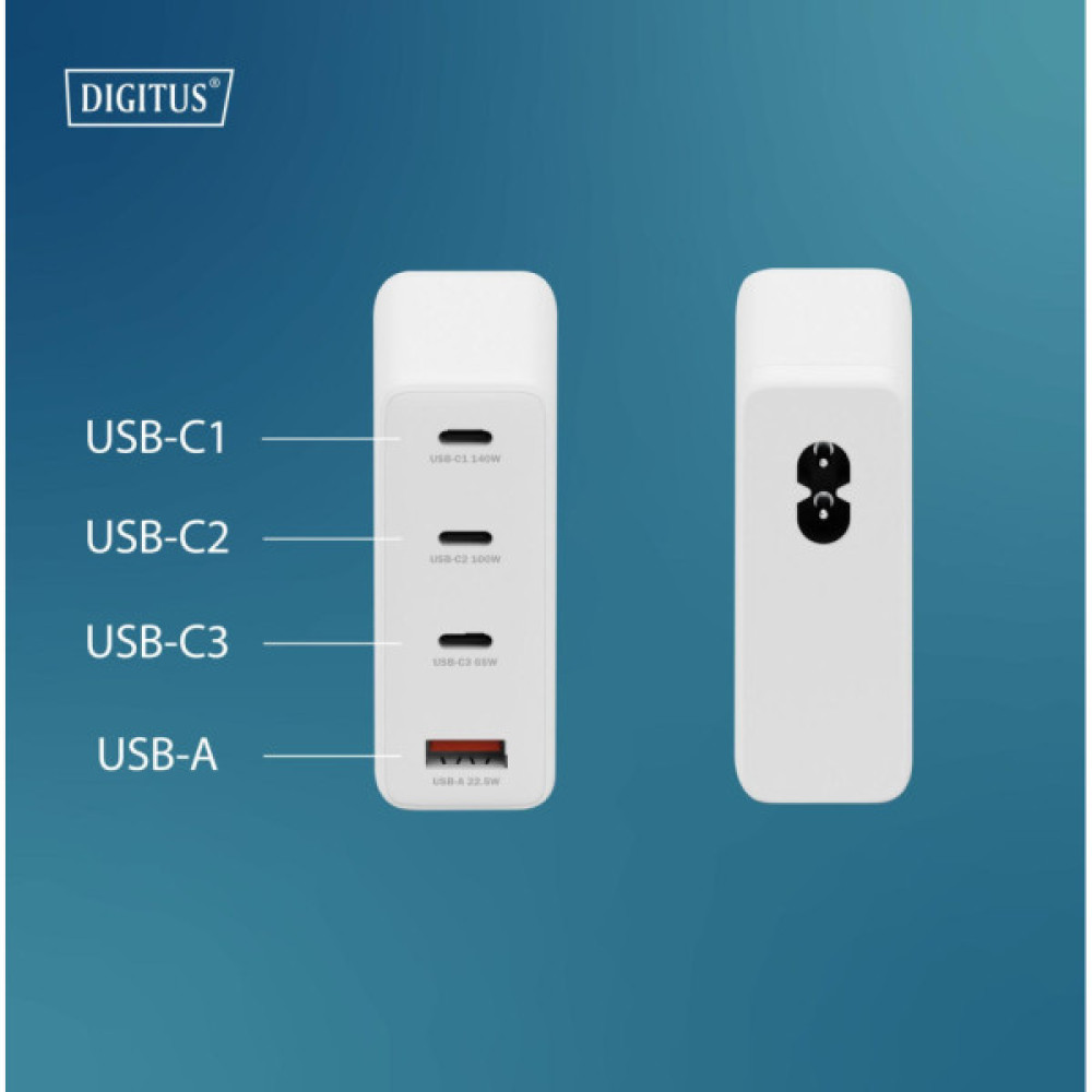Зарядний пристрій Digitus 3xUSB-C + 1xUSB PD140W GaN white (DA-10305)