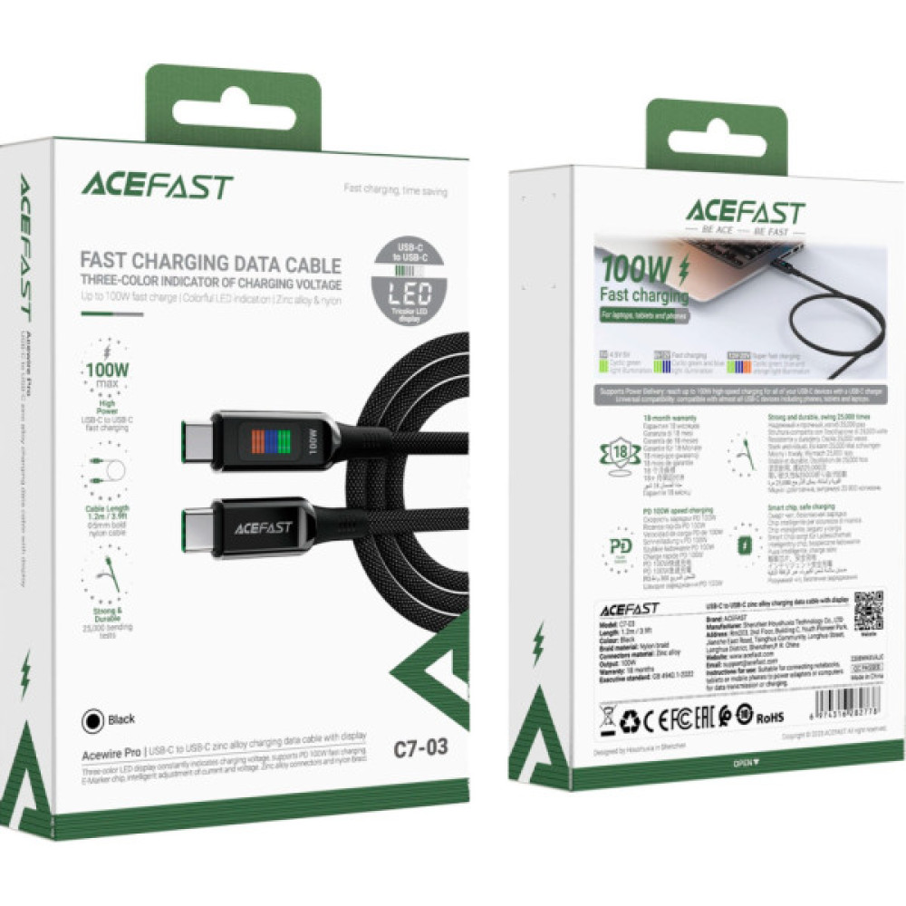 Дата кабель USB-C to USB-C 1.2m 100W with display C7-03 Acefast (6974316282778)
