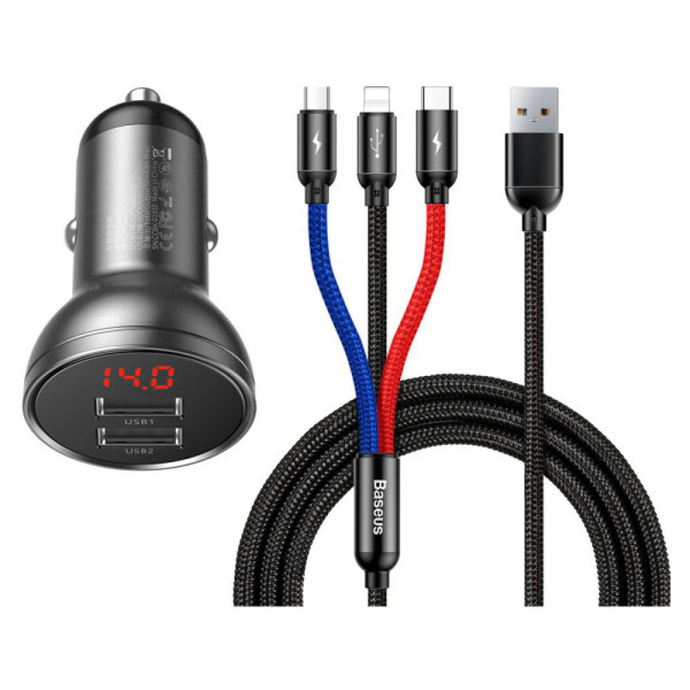 Зарядний пристрій Baseus Digital Display Dual USB 4.8A Car Charger 24W+Three Primary Colors 3-in-1 Cable 1.2m (TZCCBX-0G)