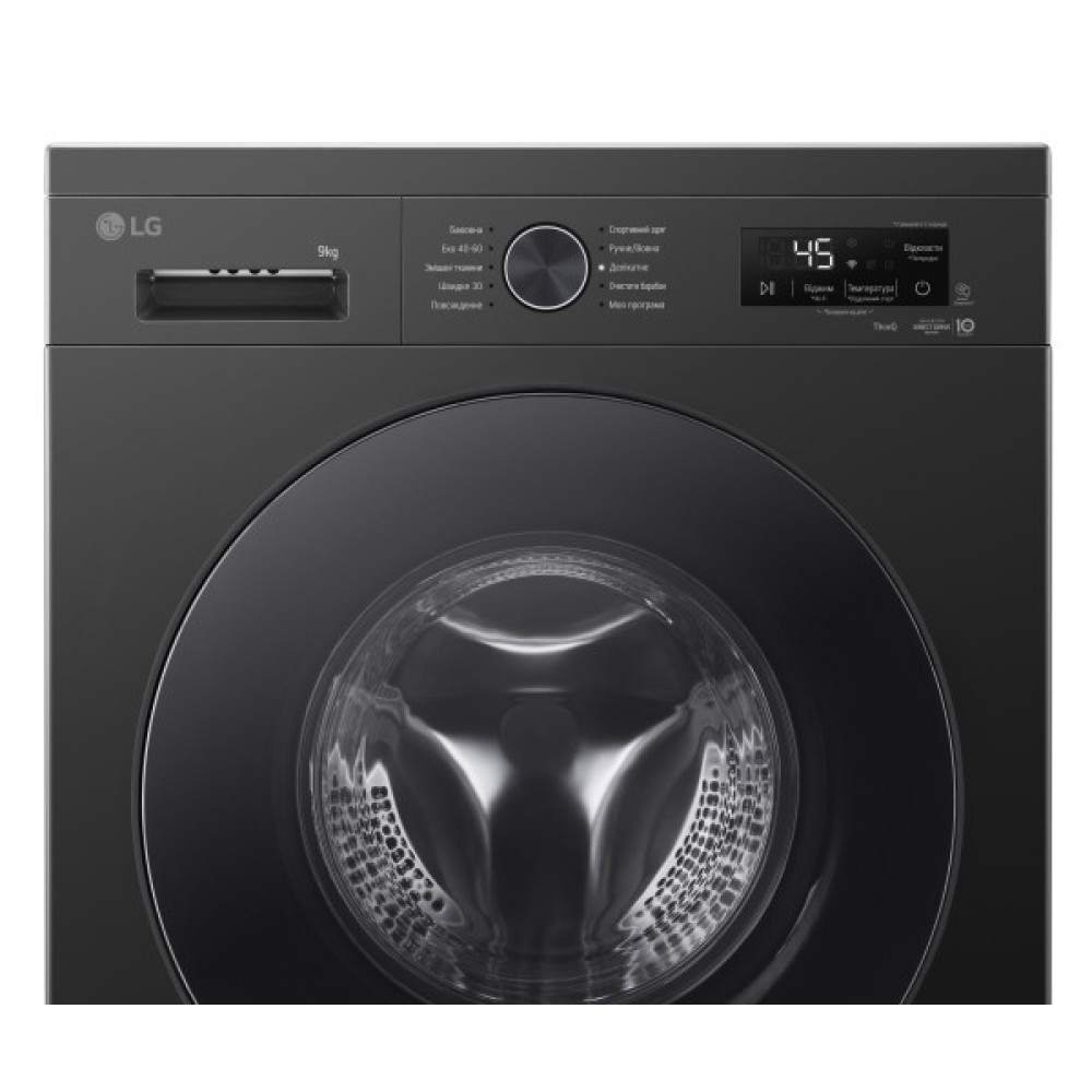 Пральна машина LG фронтальна, 9кг, 1400, A, 55см, дисплей, пара, інвертор, чорний