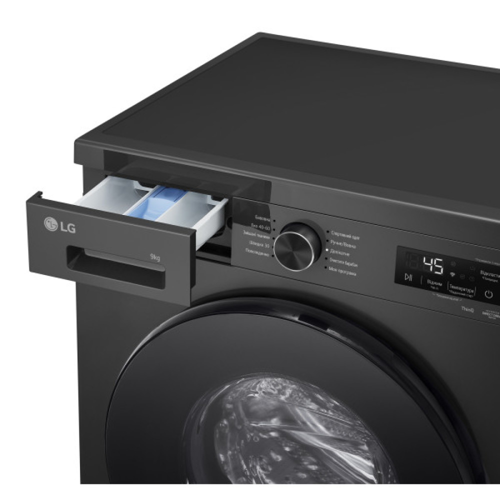 Пральна машина LG фронтальна, 9кг, 1400, A, 55см, дисплей, пара, інвертор, чорний