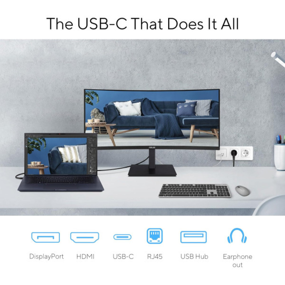 Монітор Asus 34" VA34VCPSR HDMI, DP, USB-C, 3xUSB, RJ-45, MM, VA, 3440x1440, 21:9, 100Hz, 4ms, CURVED, AdaptiveSync, HAS