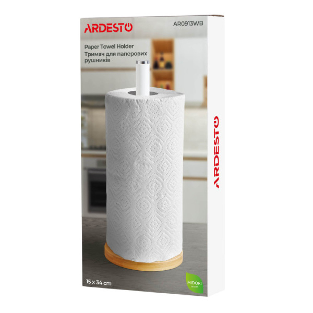 Тримач паперових рушників Ardesto Midori 15х34см, метал, бамбук, білий (AR0913WB)