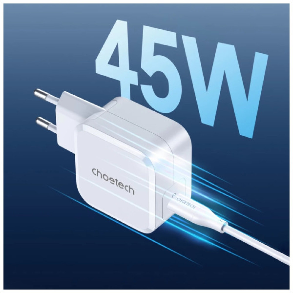 Зарядний пристрій Choetech USB-C PD45W QC3.0/PPS GaN (PD8007-EU-WH)