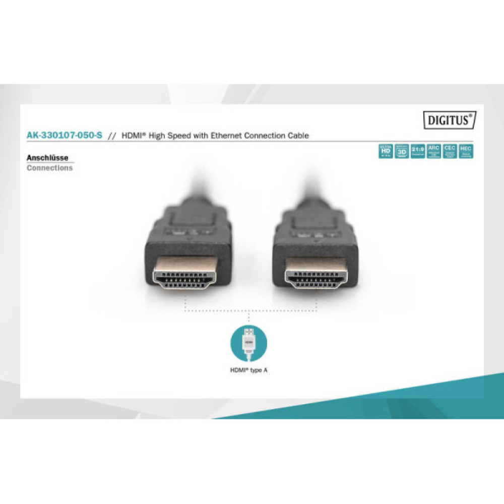 Кабель DIGITUS HDMI (M/M), High speed/Ethernet, 5м, чорний