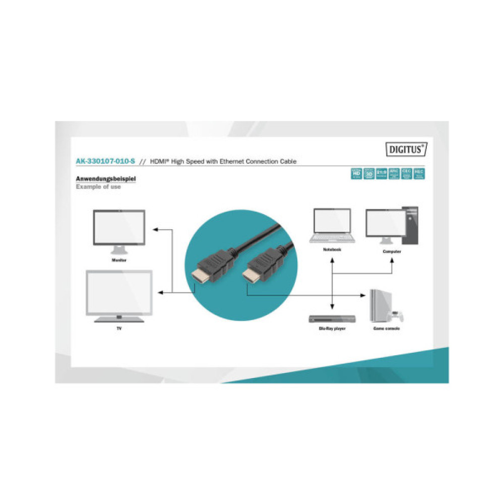 Кабель мультимедійний HDMI M to HDMI M 1.0m 4K Digitus (AK-330107-010-S)