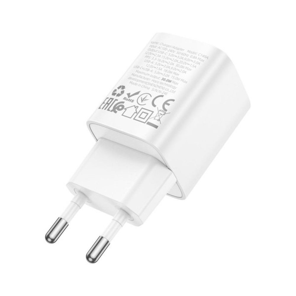 Зарядний пристрій HOCO C149A Charm 1xUSB-C PD30W + 1xUSB QC3.0 White (6942007630337)
