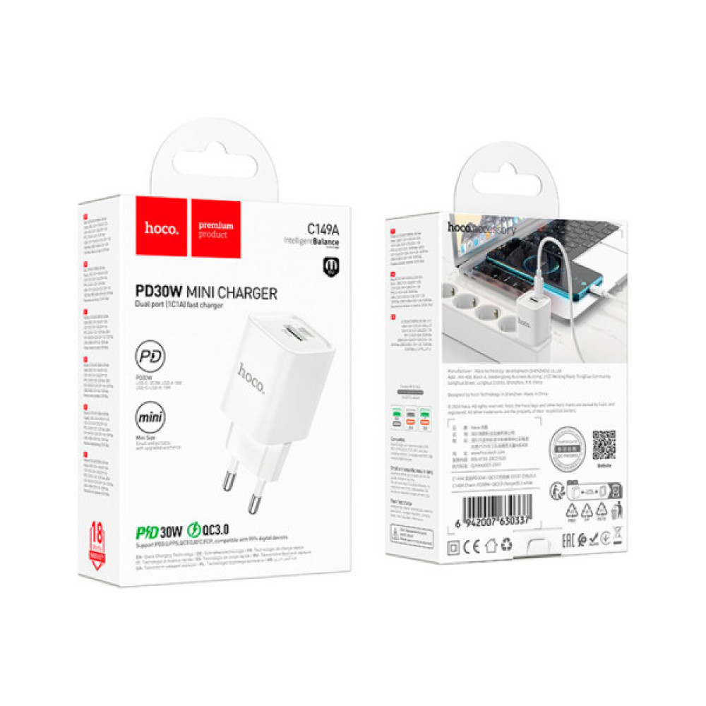 Зарядний пристрій HOCO C149A Charm 1xUSB-C PD30W + 1xUSB QC3.0 White (6942007630337)