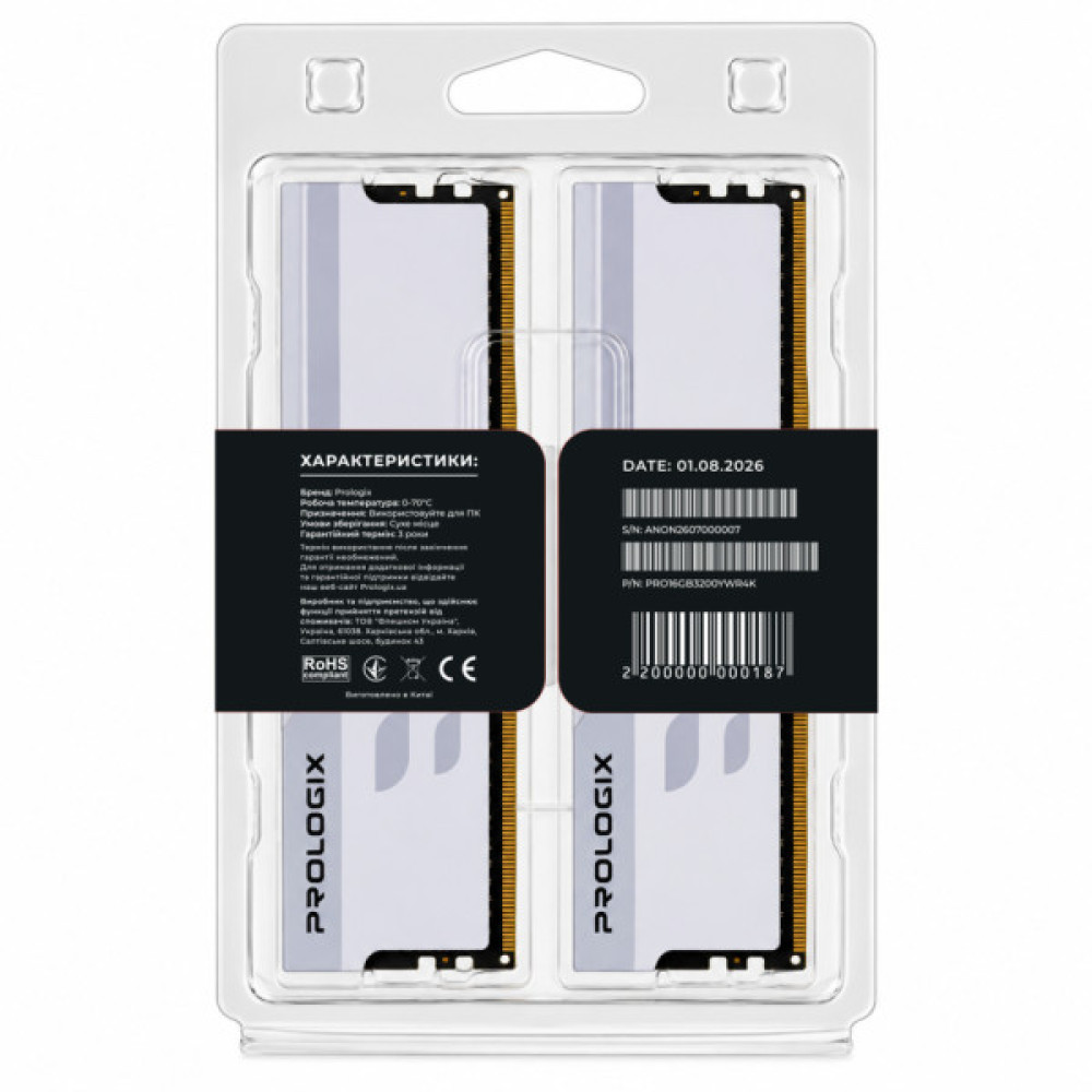 Модуль пам'яті для комп'ютера DDR4 16GB (2x8GB) 3200 MHz Onyx White RGB Prologix (PRO16GB3200YWR4K)